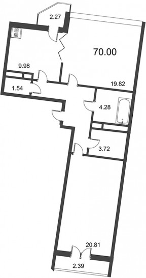 Двухкомнатная квартира 72.1 м²